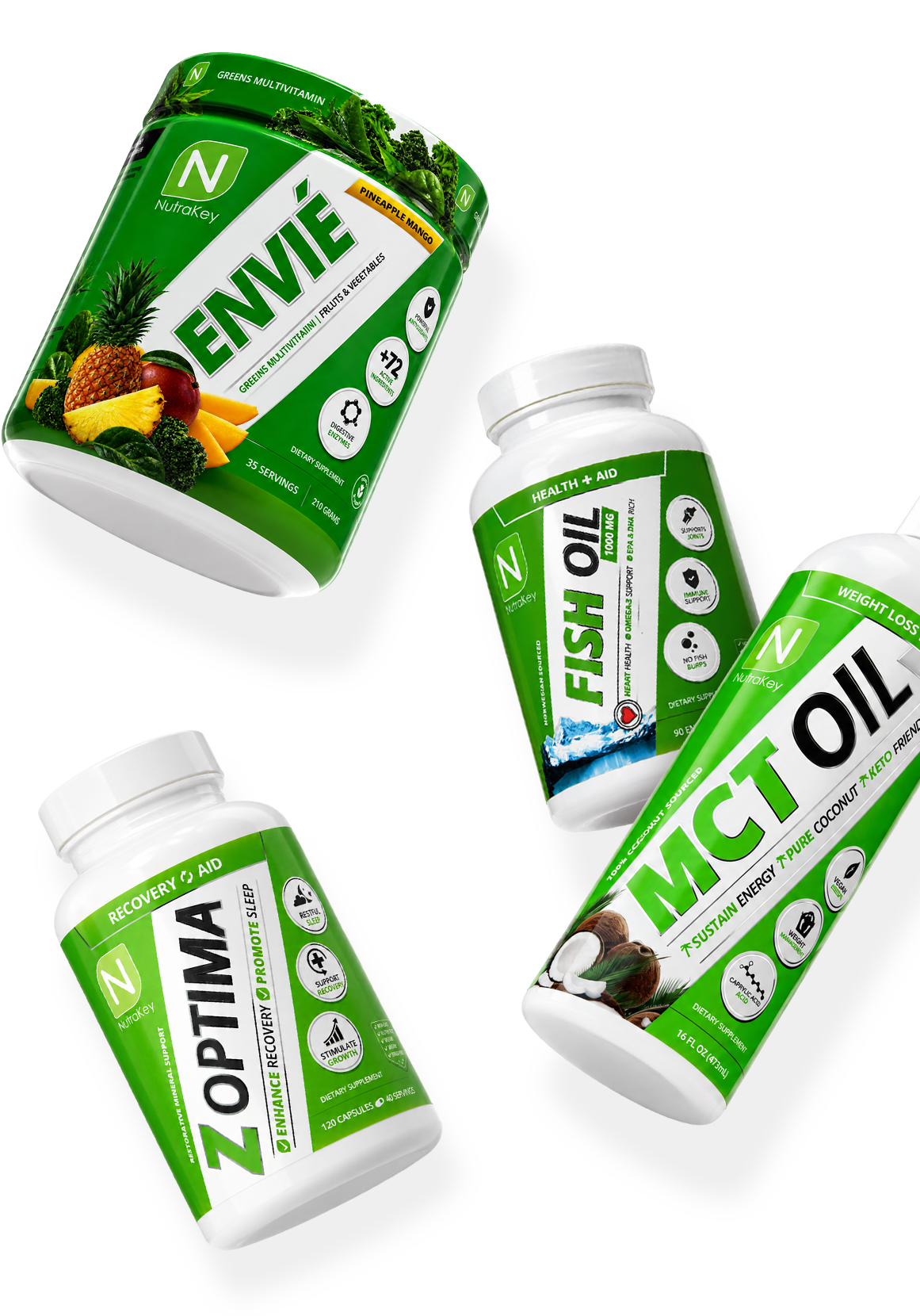 NutraKey supplement collage — Envié, Fish Oil, MCT Oil and Z Optima