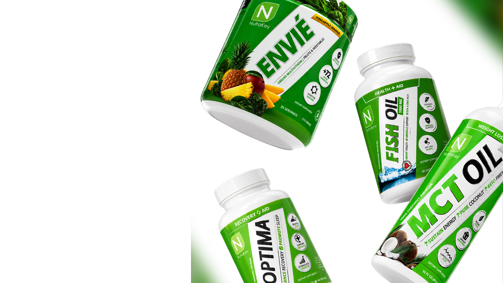 NutraKey supplement packaging — Envié, Fish Oil, MCT Oil and Optima