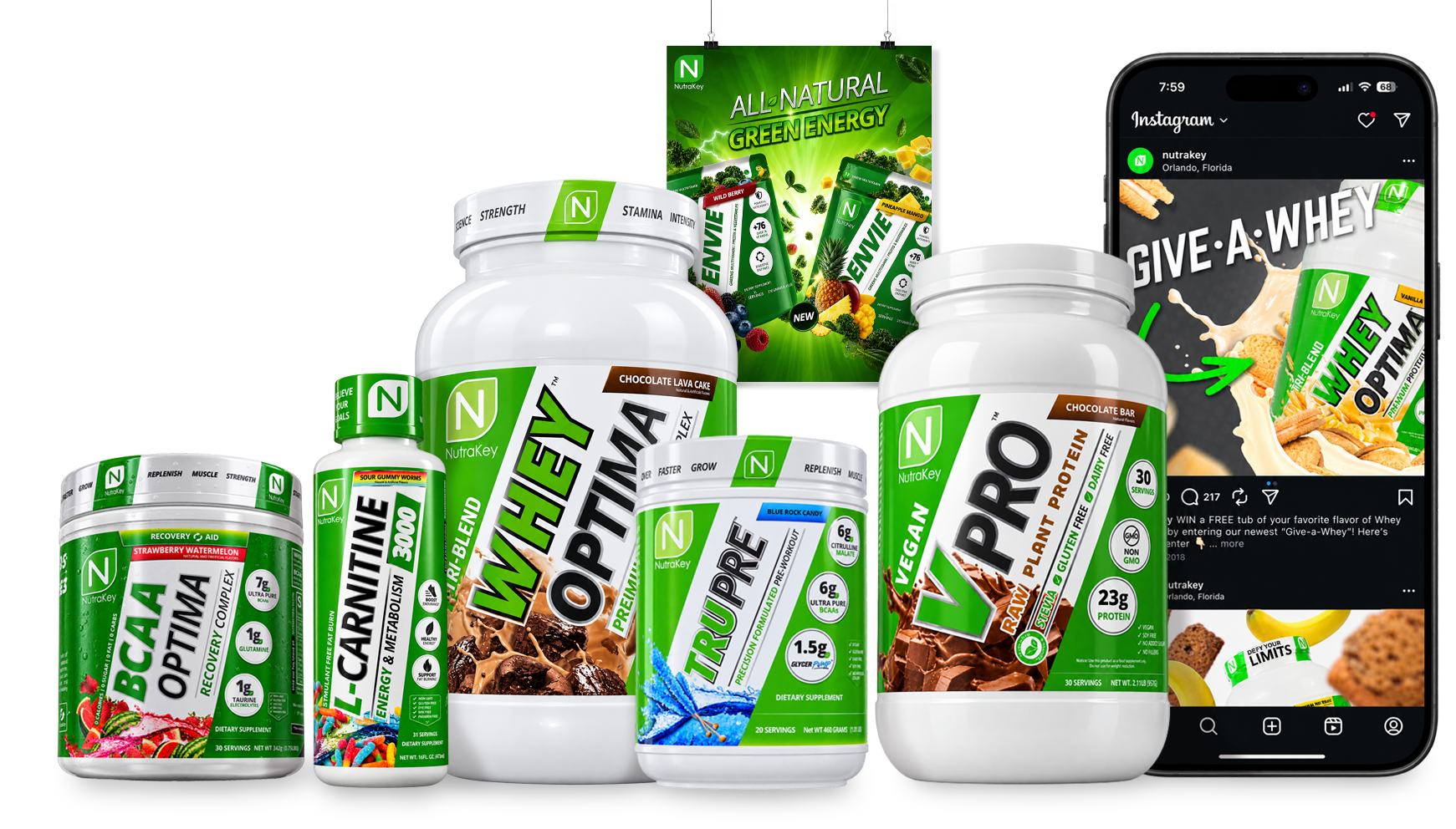 NutraKey product range and social campaign — BCAA Optima, L-Carnitine, Whey Optima, TruPre and V Pro