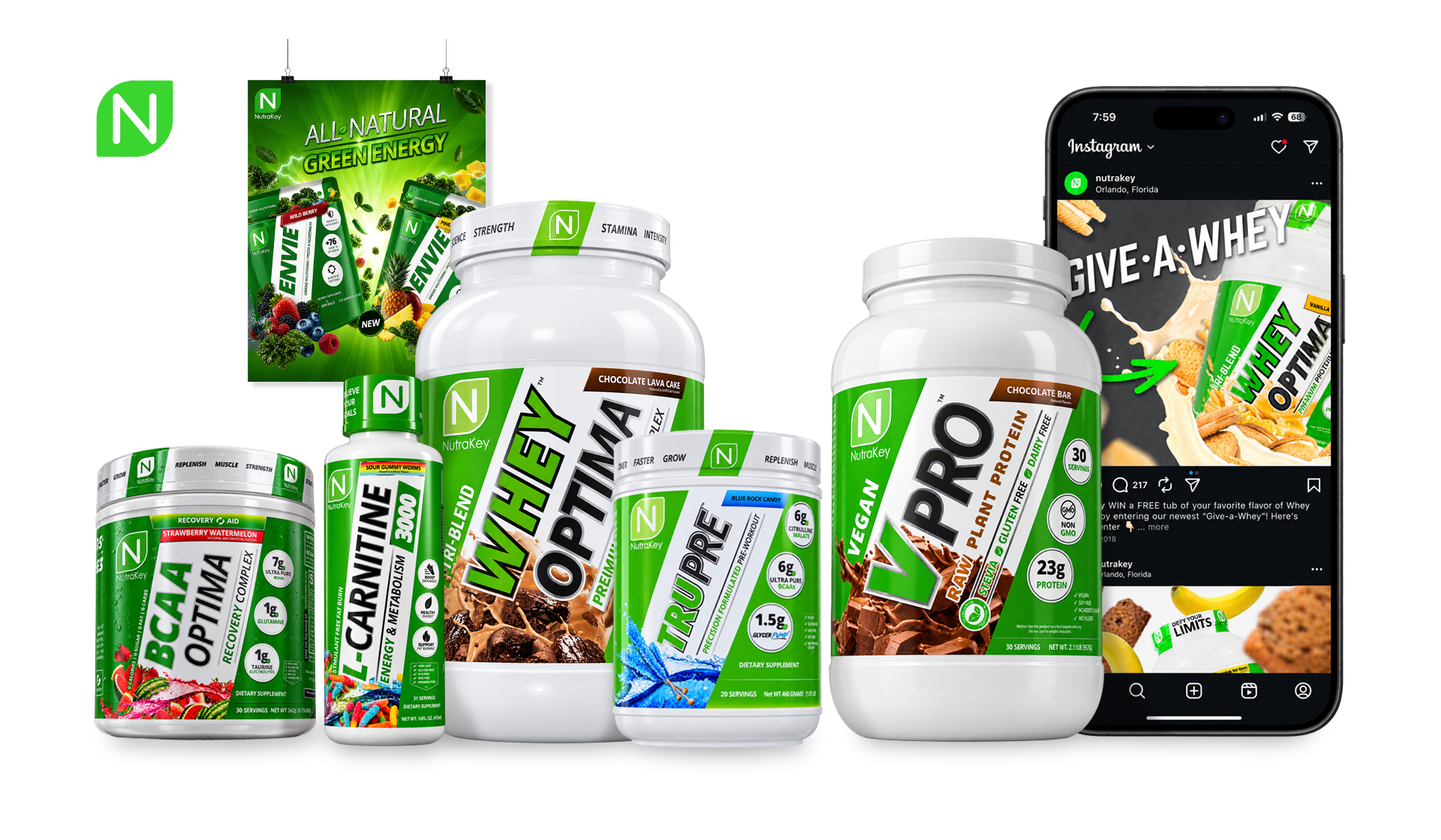 NutraKey product range and social campaign — BCAA, L-Carnitine, Whey Optima, TruPre and V Pro