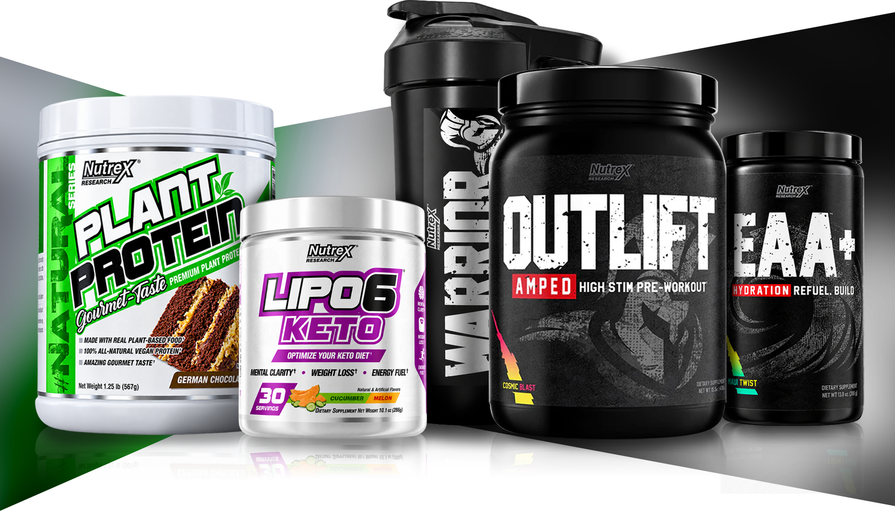 Nutrex Research product range — Plant Protein, Lipo-6 Keto, Warrior, Outlift and EAA+