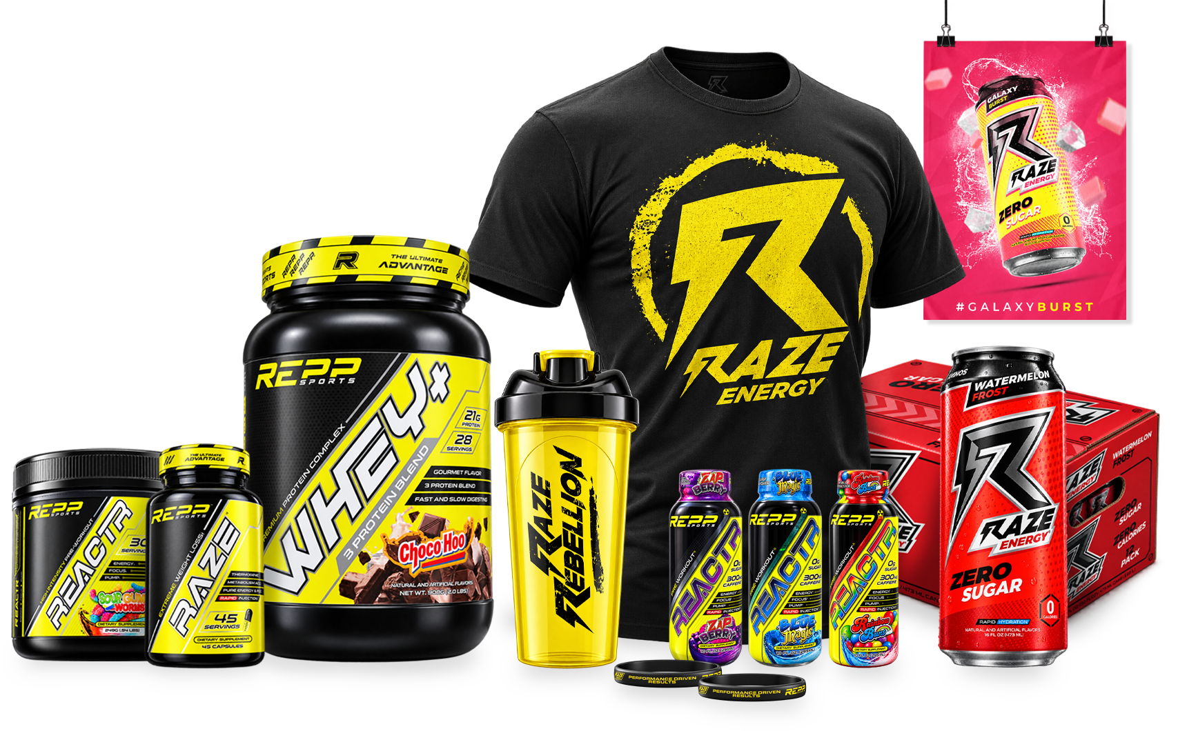 Repp Sports product range — REACTR, RAZE, Whey+, apparel and Raze Energy 12-pack